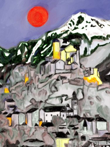 Arte digitale intitolato "lune rouge sur la m…" da Antioco Dit Belapi, Opera d'arte originale, Pittura digitale
