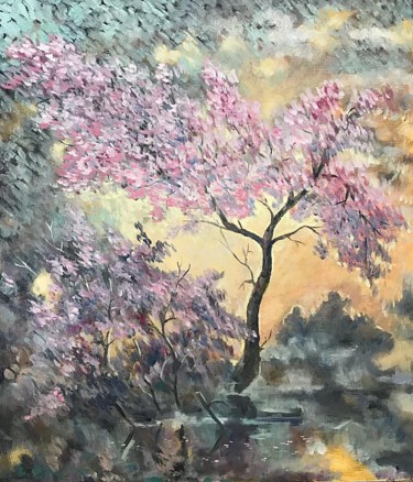 Картина под названием "Cherry blossoms" - Yuriy Piskunov, Подлинное произведение искусства, Масло Установлен на Деревянная р…