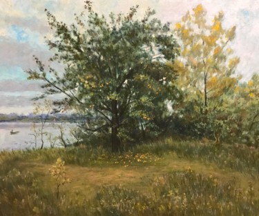 Painting titled "Old Apple tree by t…" by Yuriy Piskunov, Original Artwork, Oil Mounted on Wood Stretcher frame