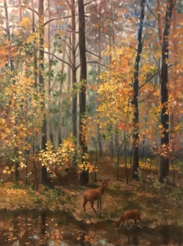 Painting titled "In the autumn fores…" by Yuriy Piskunov, Original Artwork, Oil Mounted on Wood Stretcher frame