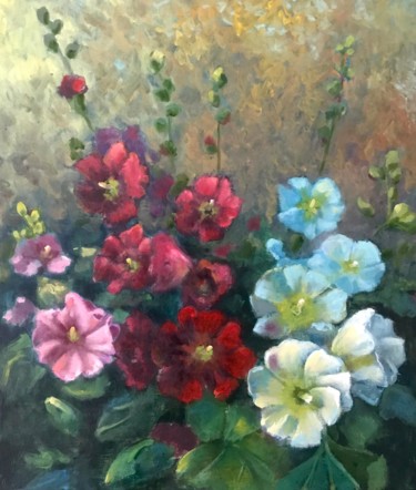 Schilderij getiteld "Hollyhocks." door Yuriy Piskunov, Origineel Kunstwerk, Olie