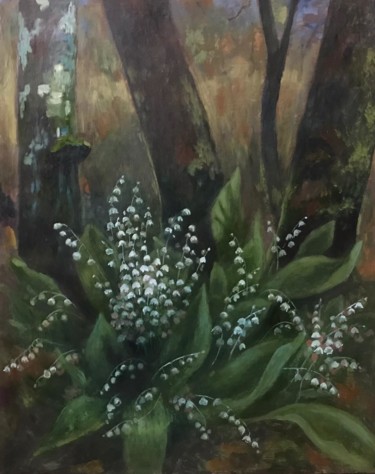 Painting titled "Lilies of the valley" by Yuriy Piskunov, Original Artwork, Oil Mounted on Wood Stretcher frame