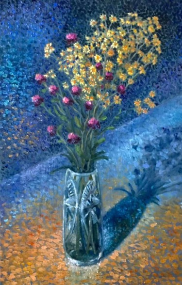 Peinture intitulée "Yellow flowers on a…" par Yuriy Piskunov, Œuvre d'art originale, Huile Monté sur Châssis en bois