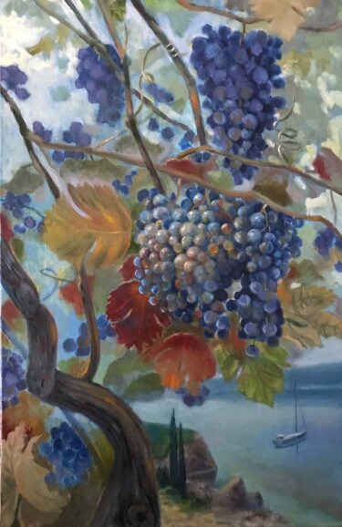 Painting titled "Blue grapes" by Yuriy Piskunov, Original Artwork, Oil Mounted on Wood Stretcher frame
