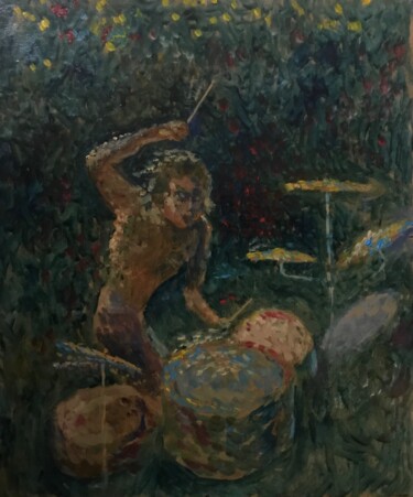 Painting titled "Drummer - expression" by Yuriy Piskunov, Original Artwork, Oil