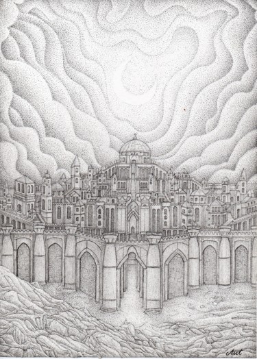 Desenho intitulada "Jerusalem Celest" por Antoine Aizier, Obras de arte originais, Tinta