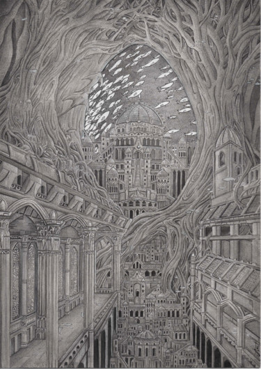 Tekening getiteld "The Submerged city" door Antoine Aizier, Origineel Kunstwerk, Aquarel