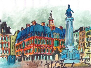 Peinture intitulée "La Grand Place de L…" par Antoine Dazy, Œuvre d'art originale, Aquarelle