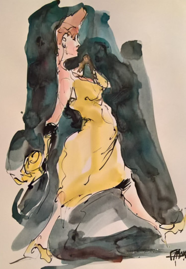 Dessin intitulée "La petite robe jaun…" par Antoine Faure, Œuvre d'art originale, Encre
