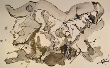 Malerei mit dem Titel "buffle contre lionn…" von Antoine Faure, Original-Kunstwerk, Tinte