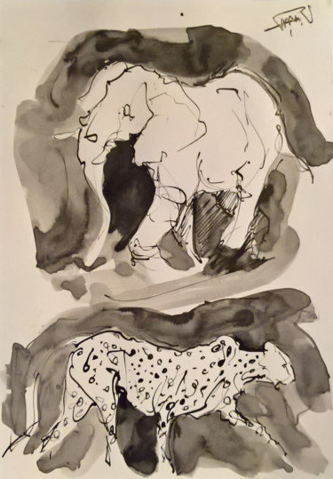 Peinture intitulée "Etude éléphant et g…" par Antoine Faure, Œuvre d'art originale, Encre