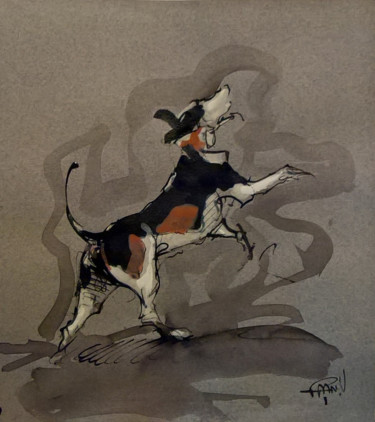 Peinture intitulée "16 le chien de meute" par Antoine Faure, Œuvre d'art originale, Gouache
