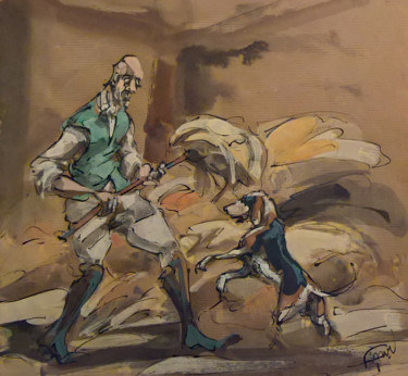 Peinture intitulée "51 ramassage de foin" par Antoine Faure, Œuvre d'art originale, Gouache