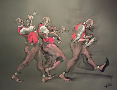 Malerei mit dem Titel "47 Les gilets rouges" von Antoine Faure, Original-Kunstwerk, Gouache