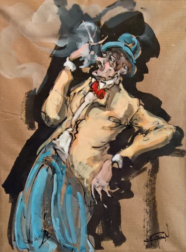 Peinture intitulée "79 Le fumeur" par Antoine Faure, Œuvre d'art originale, Gouache