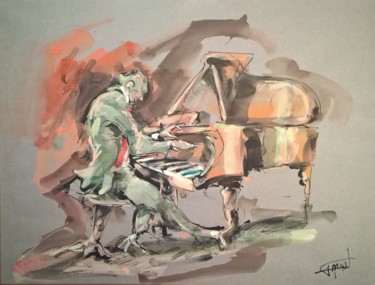 Painting titled "193 Le piano marron" by Antoine Faure, Original Artwork, Gouache