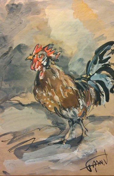 Painting titled "5 Le petit coq" by Antoine Faure, Original Artwork, Gouache