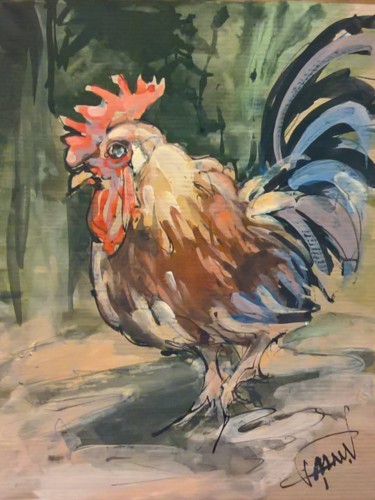 Painting titled "13 coq trapu" by Antoine Faure, Original Artwork, Gouache