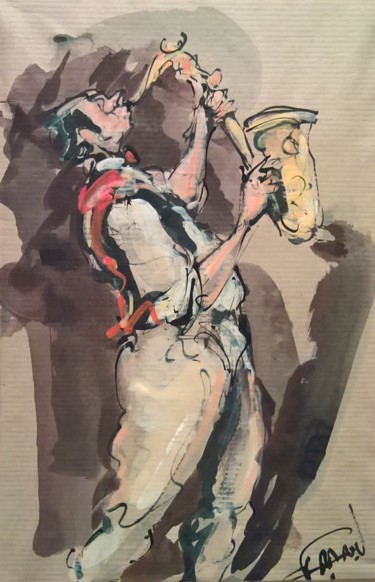 Peinture intitulée "215 Le temps du saxo" par Antoine Faure, Œuvre d'art originale, Gouache