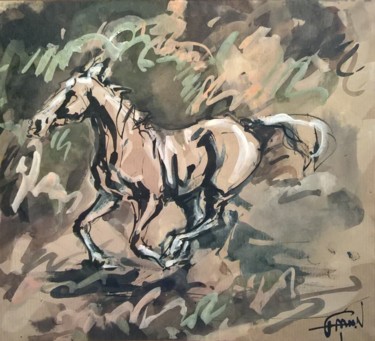 Painting titled "58 Galop tranquille" by Antoine Faure, Original Artwork, Gouache
