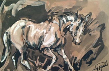 Painting titled "60 cheval blanc" by Antoine Faure, Original Artwork, Gouache