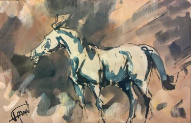 Painting titled "64 Le cheval blanc" by Antoine Faure, Original Artwork, Gouache