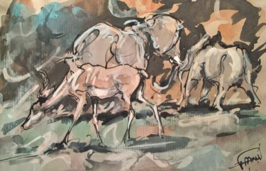 Painting titled "129 L'antilope" by Antoine Faure, Original Artwork, Gouache