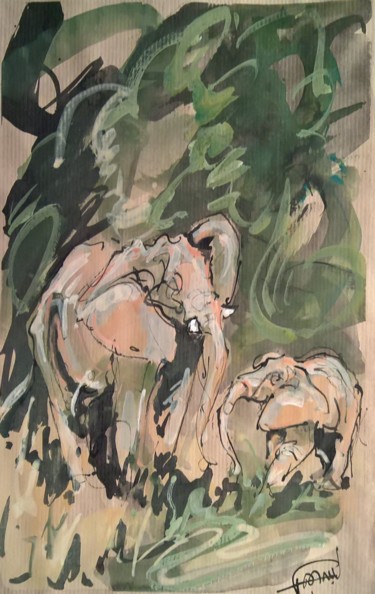 Peinture intitulée "138 L'éléphanteau" par Antoine Faure, Œuvre d'art originale, Gouache