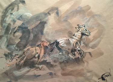 Peinture intitulée "148 En pleine chasse" par Antoine Faure, Œuvre d'art originale, Gouache