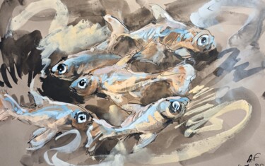 Painting titled "17 poissons" by Antoine Faure, Original Artwork, Gouache