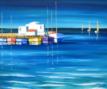 Peinture intitulée "Port à Mykonos" par Antoine Renault, Œuvre d'art originale