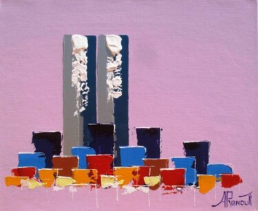 Painting titled "Pink Twin Tower NYC" by Antoine Renault, Original Artwork