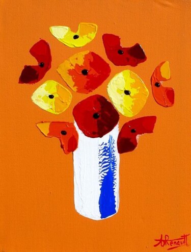 Painting titled "Fleurs - Orange" by Antoine Renault, Original Artwork