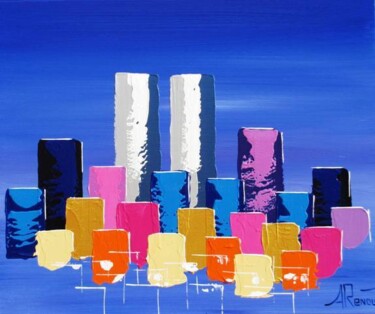 Painting titled "Twin Towers Cobal" by Antoine Renault, Original Artwork