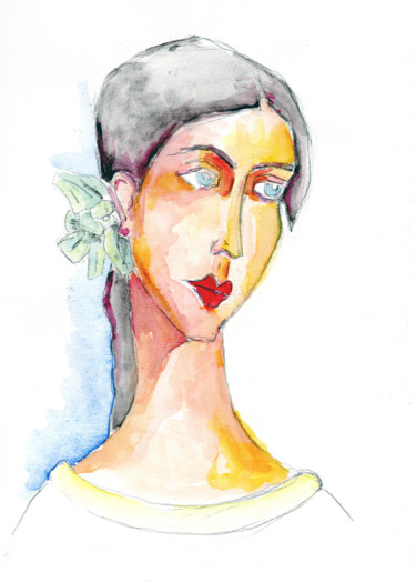 Drawing titled "mademoiselle D" by Antoine Marelle, Original Artwork, Watercolor