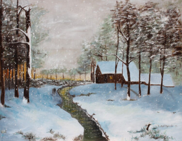 Painting titled "Le Ruisseau" by Antoinette Dall'Agnolo (Tani), Original Artwork, Oil Mounted on Wood Stretcher frame