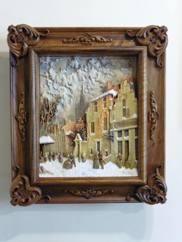 Sculpture titled "People at snowy str…" by Anton Bedletskii, Original Artwork, Wood