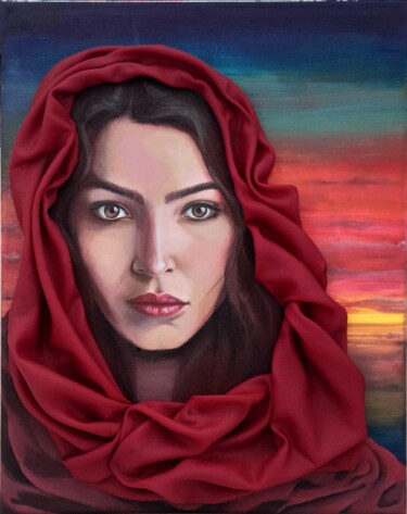 Painting titled "Red scarf" by Anton Kamenev, Original Artwork, Acrylic