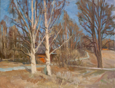 Painting titled "Сумерки в деревне" by Anton Mokhovikov, Original Artwork, Oil