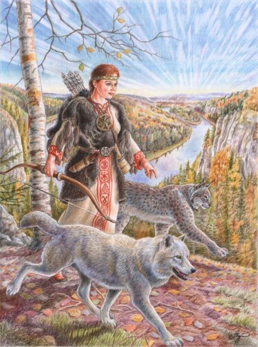 "Девана богиня охоты" Devana is the goddess of hunting Картина под названием ""Девана богиня охот…" - Антон Шкурко, Подлинное произведение искусства, Цветные карандаши
