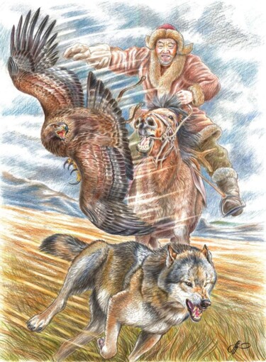 «Охота с беркутом на волка» "Hunting with a golden eagle" Картина под названием "«Охота с беркутом н…" - Антон Шкурко, Подлинное произведение искусства, Цветные карандаши