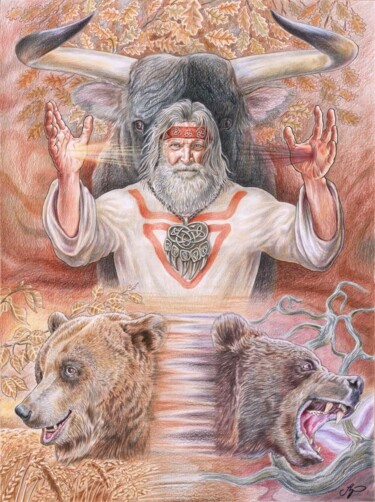 Картина под названием "«Велес – бог трех м…" - Антон Шкурко, Подлинное произведение искусства, Цветные карандаши