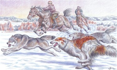 «Охота на волка с русскими борзыми» Картина под названием "«Охота на волка с р…" - Антон Шкурко, Подлинное произведение искусства, Цветные карандаши