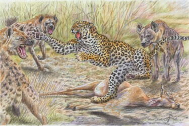 Картина под названием ""Леопард и гиены"" - Антон Шкурко, Подлинное произведение искусства, Цветные карандаши