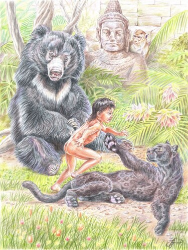 Картина под названием "«Друзья Маугли»" - Антон Шкурко, Подлинное произведение искусства, Цветные карандаши
