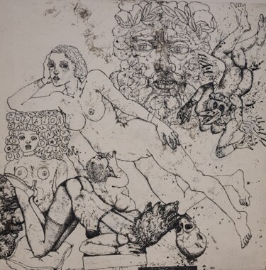 Desenho intitulada "Le combat de la fem…" por Anton Solomoukha, Obras de arte originais, Tinta
