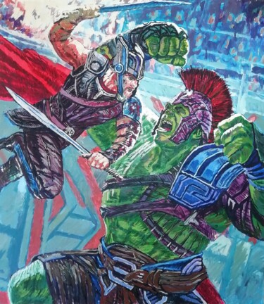 Painting titled "Thor vs Hulk" by Anton Terziev, Original Artwork, Oil