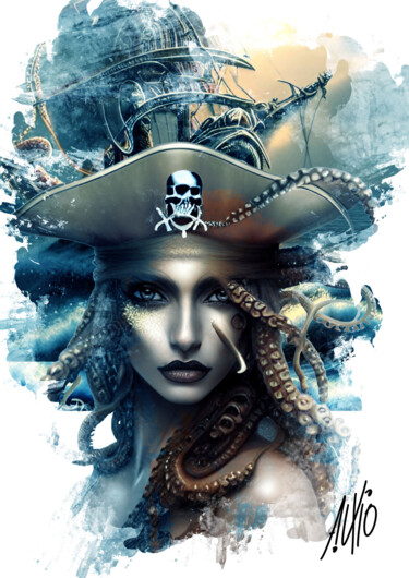 Digitale Kunst mit dem Titel "Women Pirates 05 +…" von Antón Uxío, Original-Kunstwerk, Digitale Malerei Auf Plexiglas montie…