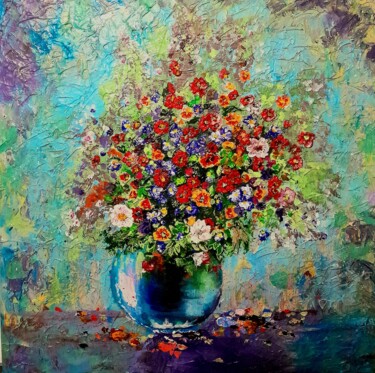 Painting titled "painting Flowers in…" by Anton Zapotochnyi, Original Artwork, Acrylic Mounted on Wood Stretcher frame