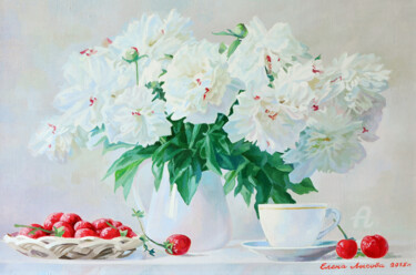 Pintura titulada "White peonies" por Anton Skurikhin, Obra de arte original, Oleo